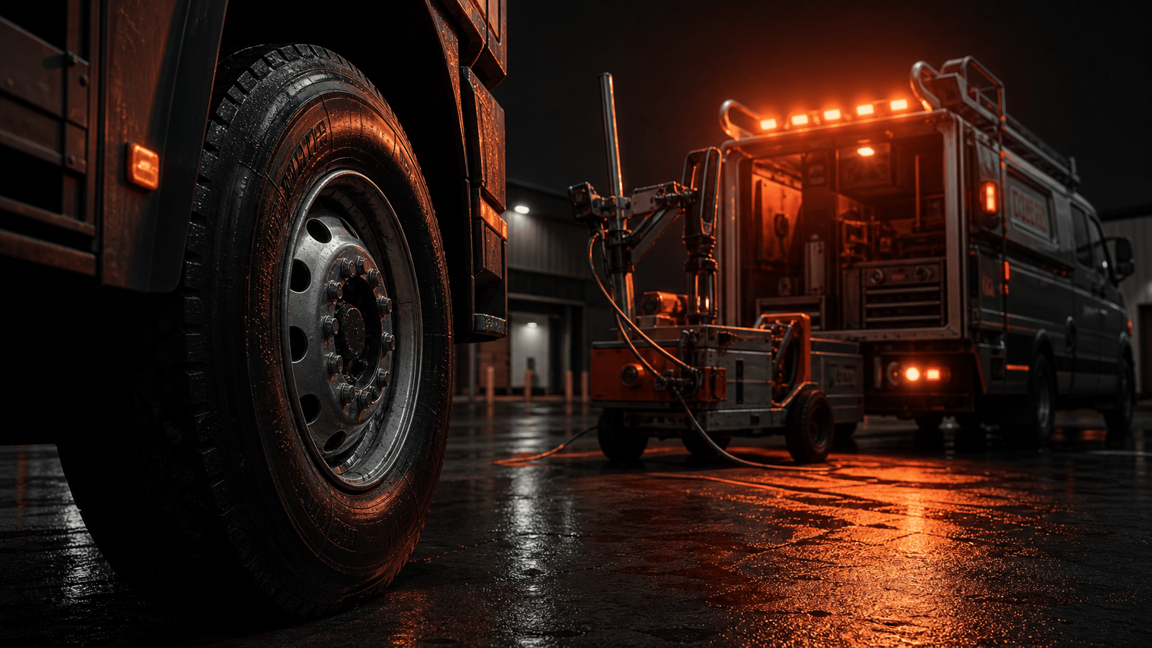 Commercial mobile tire service equipment at night